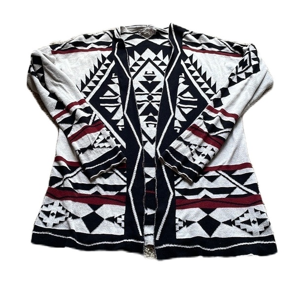 Pink Republic Black/White/Red Southwestern Print Open Front Cardigan Size L EUC - Picture 1 of 8